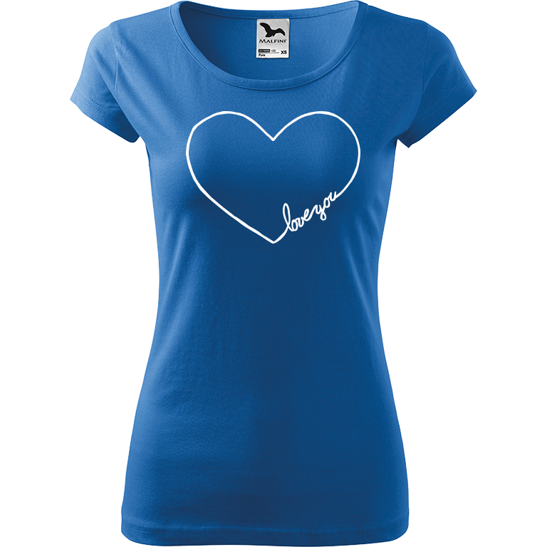 Ručně malované dámské bavlněné tričko - "Love You" Srdce Barva trička: AZUROVÁ, Velikost trička: XS, Barva motivu: BÍLÁ