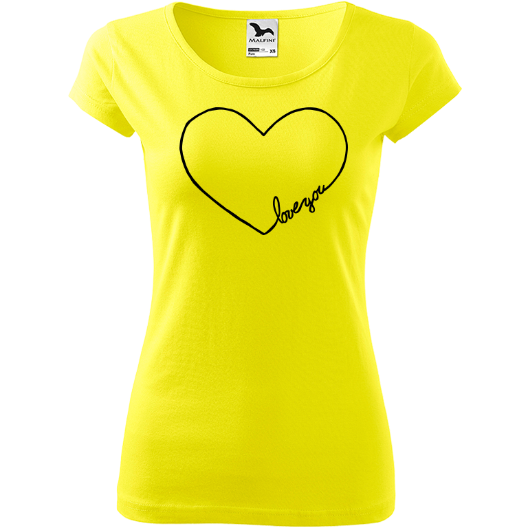 Ručně malované dámské bavlněné tričko - "Love You" Srdce Barva trička: CITRONOVÁ, Velikost trička: XL, Barva motivu: ČERNÁ