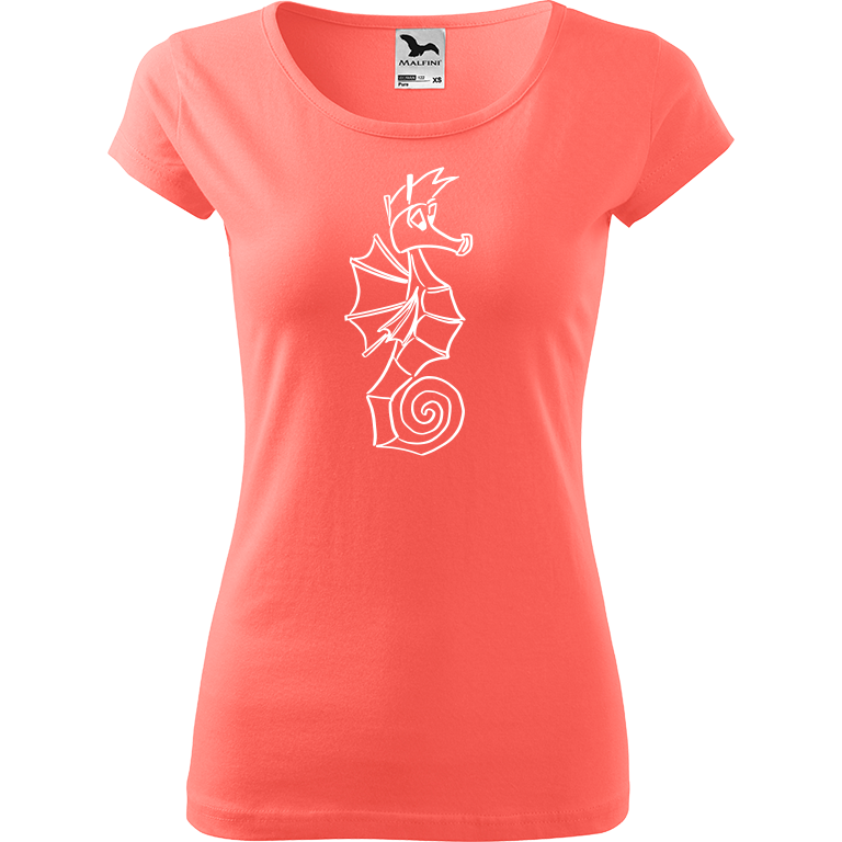 Ručně malované dámské bavlněné tričko - Mořský koník Barva trička: KORÁLOVÁ, Velikost trička: XS, Barva motivu: BÍLÁ