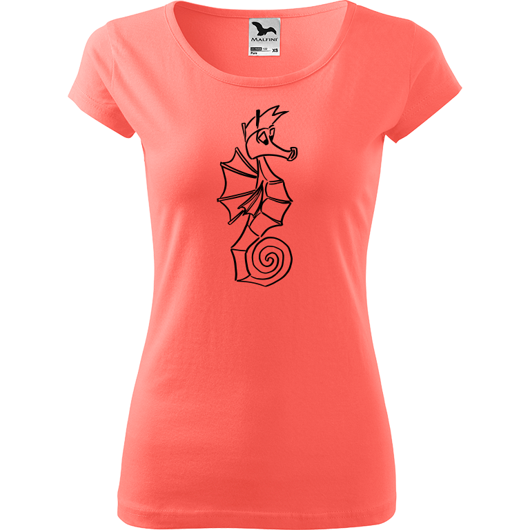 Ručně malované dámské bavlněné tričko - Mořský koník Barva trička: KORÁLOVÁ, Velikost trička: XL, Barva motivu: ČERNÁ