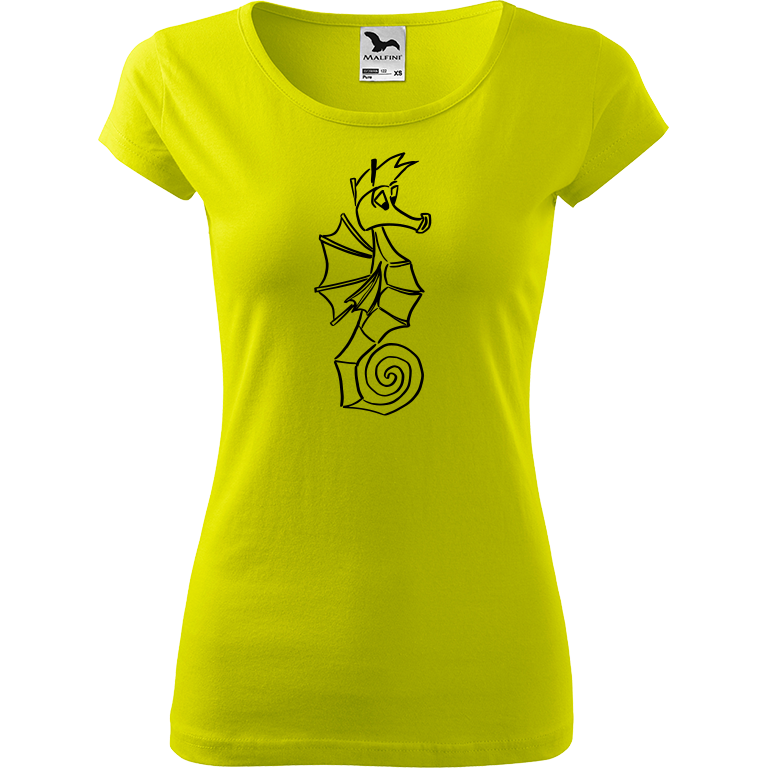 Ručně malované dámské bavlněné tričko - Mořský koník Barva trička: LIMETKOVÁ, Velikost trička: M, Barva motivu: ČERNÁ