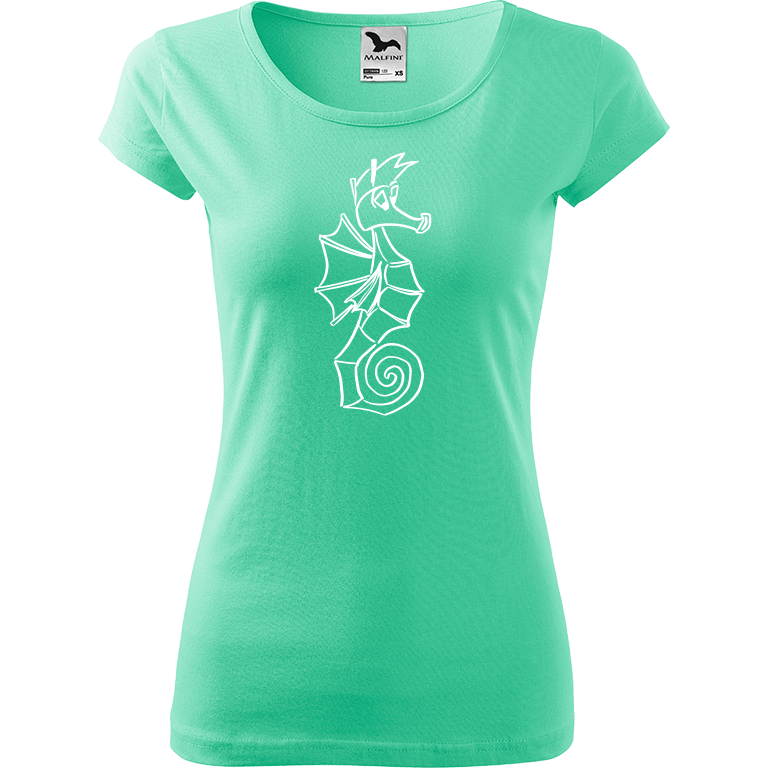Ručně malované dámské bavlněné tričko - Mořský koník Barva trička: MÁTOVÁ, Velikost trička: XS, Barva motivu: BÍLÁ