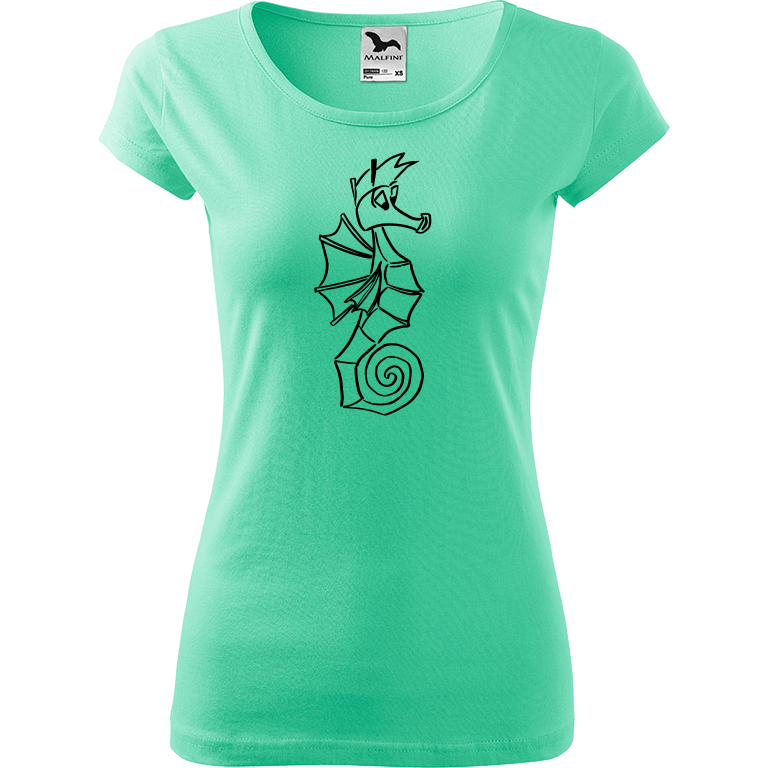 Ručně malované dámské bavlněné tričko - Mořský koník Barva trička: MÁTOVÁ, Velikost trička: L, Barva motivu: ČERNÁ
