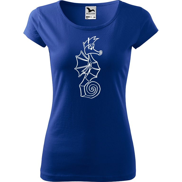 Ručně malované dámské bavlněné tričko - Mořský koník Barva trička: MODRÁ, Velikost trička: XL, Barva motivu: BÍLÁ