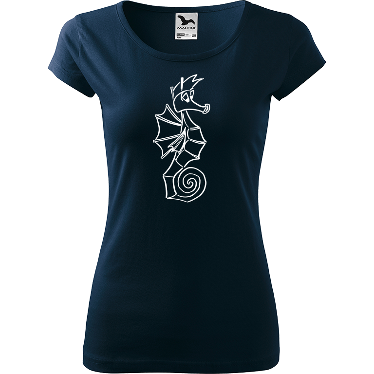 Ručně malované dámské bavlněné tričko - Mořský koník Barva trička: NÁMOŘNICKÁ MODRÁ, Velikost trička: XL, Barva motivu: BÍLÁ