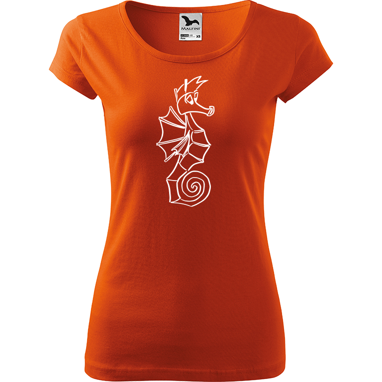 Ručně malované dámské bavlněné tričko - Mořský koník Barva trička: ORANŽOVÁ, Velikost trička: XS, Barva motivu: BÍLÁ