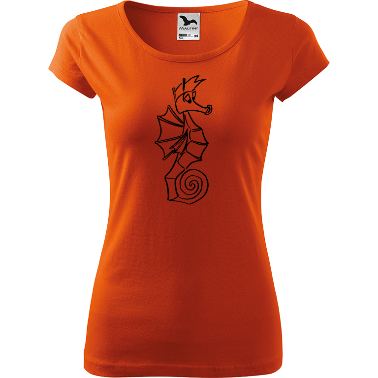 Ručně malované dámské bavlněné tričko - Mořský koník Barva trička: ORANŽOVÁ, Velikost trička: L, Barva motivu: ČERNÁ