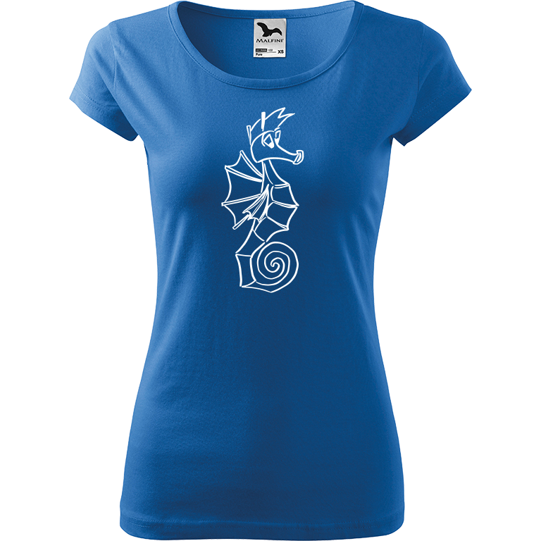 Ručně malované dámské bavlněné tričko - Mořský koník Barva trička: AZUROVÁ, Velikost trička: XS, Barva motivu: BÍLÁ
