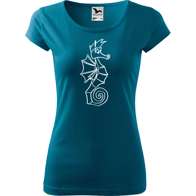 Ručně malované dámské bavlněné tričko - Mořský koník Barva trička: PETROLEJOVÁ, Velikost trička: XS, Barva motivu: BÍLÁ