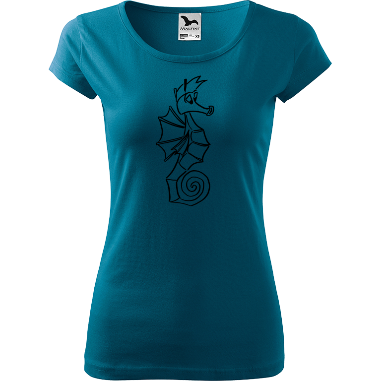 Ručně malované dámské bavlněné tričko - Mořský koník Barva trička: PETROLEJOVÁ, Velikost trička: M, Barva motivu: ČERNÁ