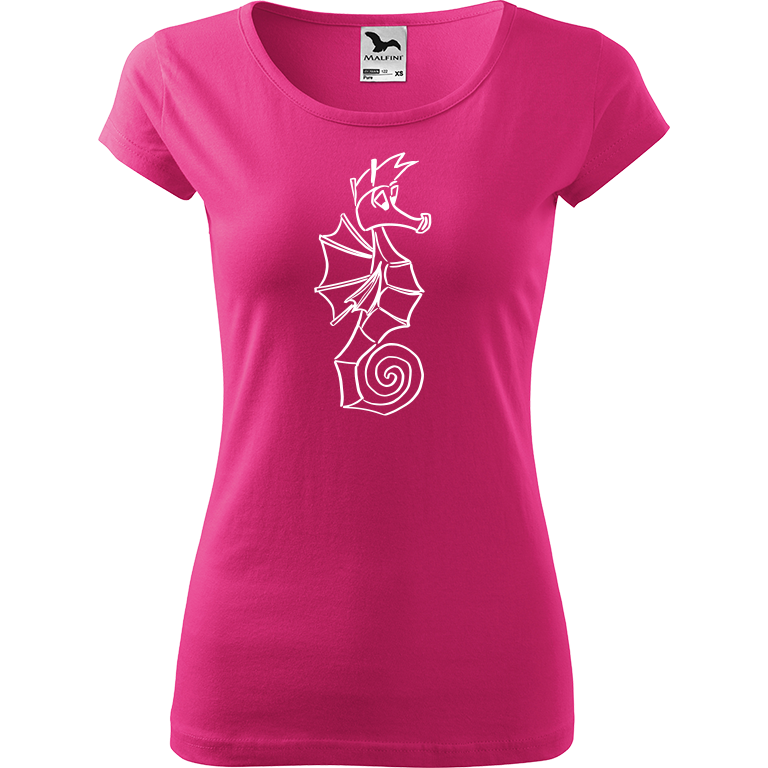 Ručně malované dámské bavlněné tričko - Mořský koník Barva trička: RŮŽOVÁ, Velikost trička: XXL, Barva motivu: BÍLÁ