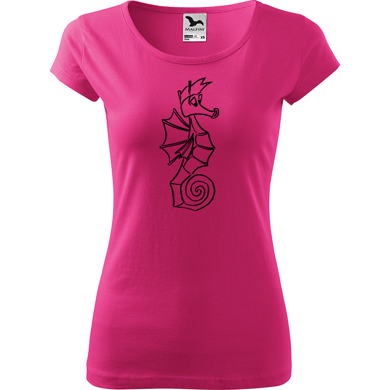 Ručně malované dámské bavlněné tričko - Mořský koník Barva trička: RŮŽOVÁ, Velikost trička: XL, Barva motivu: ČERNÁ