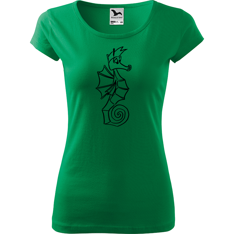 Ručně malované dámské bavlněné tričko - Mořský koník Barva trička: STŘEDNĚ ZELENÁ, Velikost trička: XXL, Barva motivu: ČERNÁ