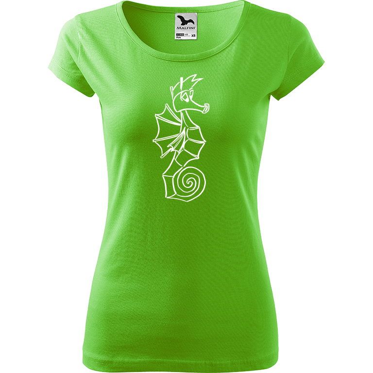 Ručně malované dámské bavlněné tričko - Mořský koník Barva trička: SVĚTLE ZELENÁ, Velikost trička: L, Barva motivu: BÍLÁ