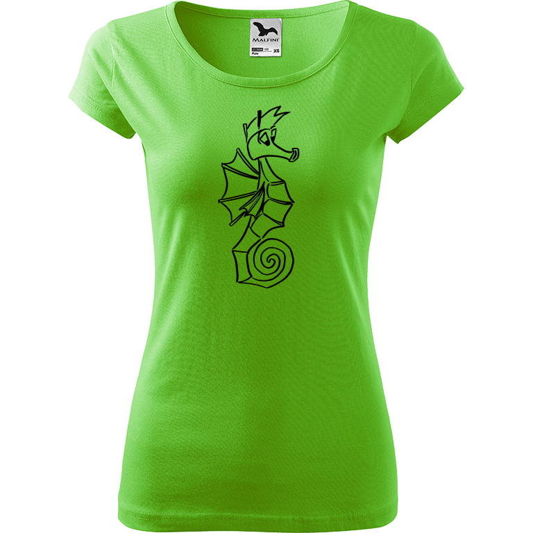 Ručně malované dámské bavlněné tričko - Mořský koník Barva trička: SVĚTLE ZELENÁ, Velikost trička: XS, Barva motivu: ČERNÁ
