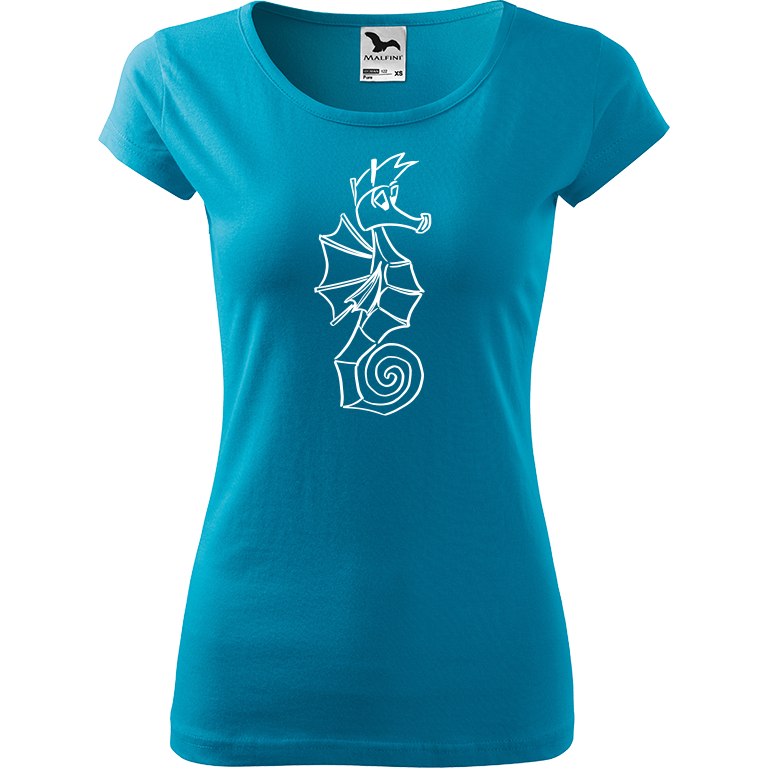 Ručně malované dámské bavlněné tričko - Mořský koník Barva trička: TYRKYSOVÁ, Velikost trička: XXL, Barva motivu: BÍLÁ