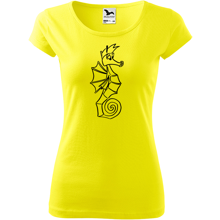 Ručně malované dámské bavlněné tričko - Mořský koník Barva trička: CITRONOVÁ, Velikost trička: S, Barva motivu: ČERNÁ