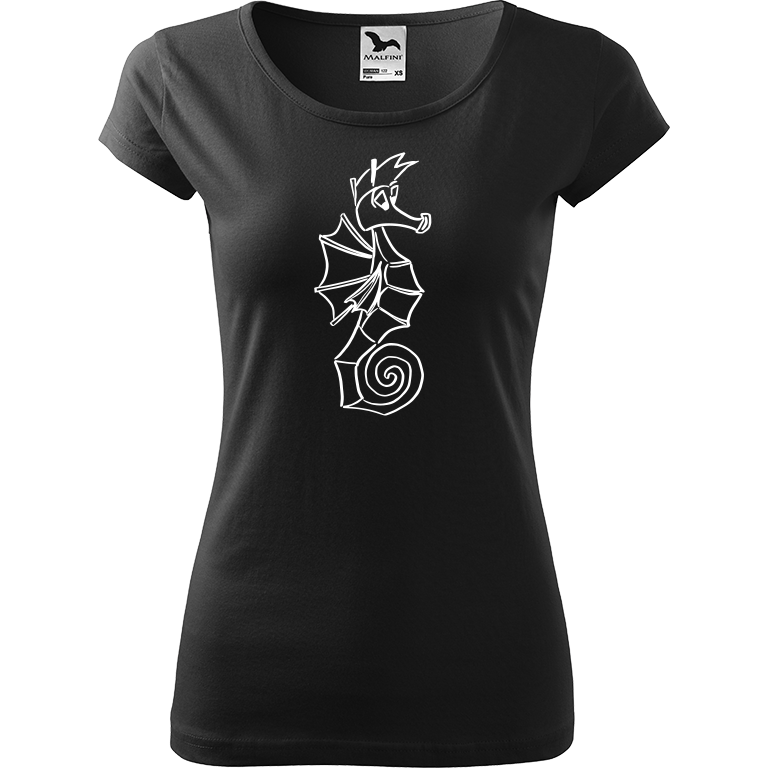 Ručně malované dámské bavlněné tričko - Mořský koník Barva trička: ČERNÁ, Velikost trička: XS, Barva motivu: BÍLÁ