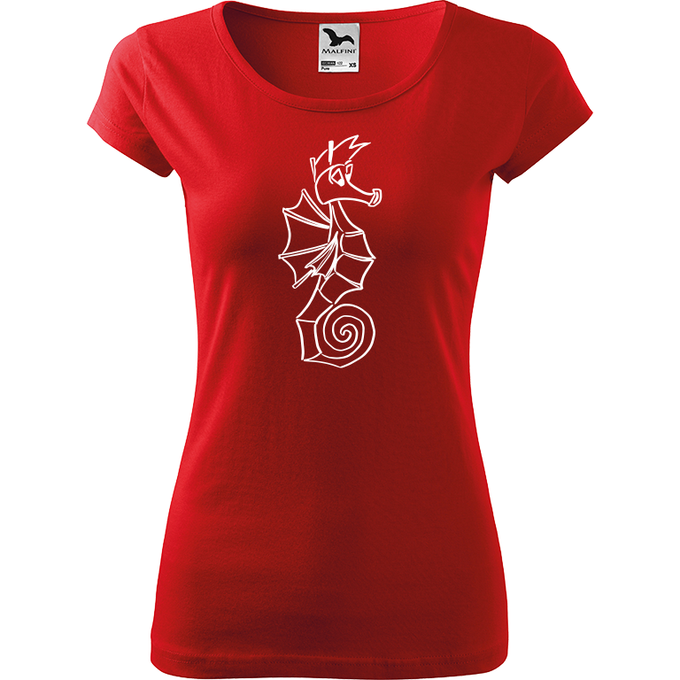 Ručně malované dámské bavlněné tričko - Mořský koník Barva trička: ČERVENÁ, Velikost trička: XL, Barva motivu: BÍLÁ