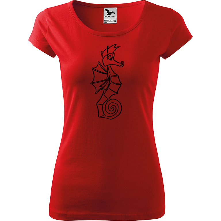 Ručně malované dámské bavlněné tričko - Mořský koník Barva trička: ČERVENÁ, Velikost trička: XXL, Barva motivu: ČERNÁ