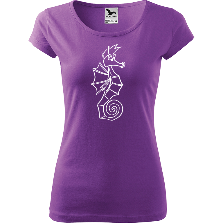 Ručně malované dámské bavlněné tričko - Mořský koník Barva trička: FIALOVÁ, Velikost trička: XL, Barva motivu: BÍLÁ