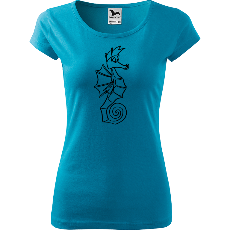 Ručně malované dámské bavlněné tričko - Mořský koník Barva trička: TYRKYSOVÁ, Velikost trička: S, Barva motivu: ČERNÁ