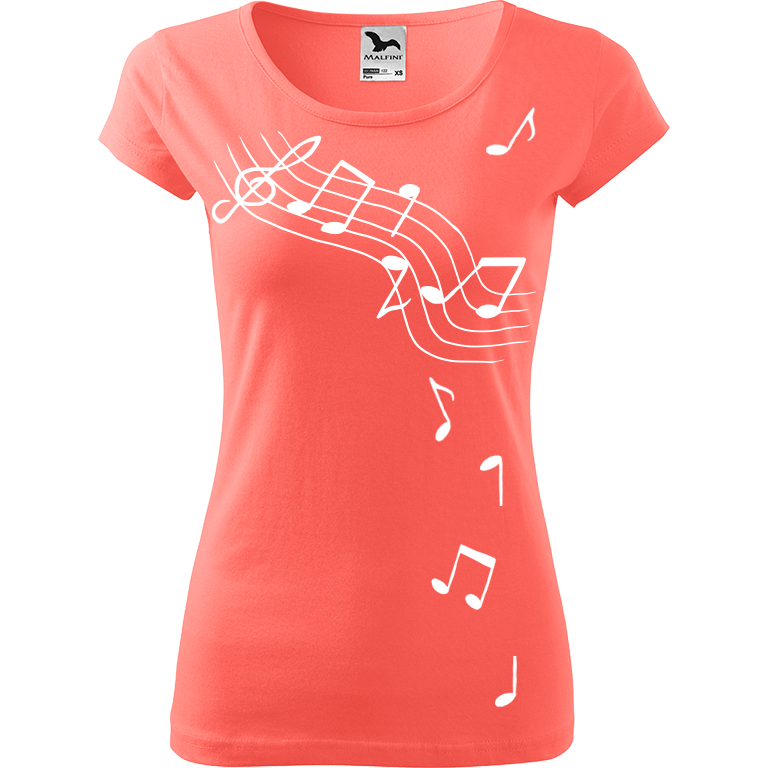 Ručně malované dámské bavlněné tričko - Noty Barva trička: KORÁLOVÁ, Velikost trička: XL, Barva motivu: BÍLÁ