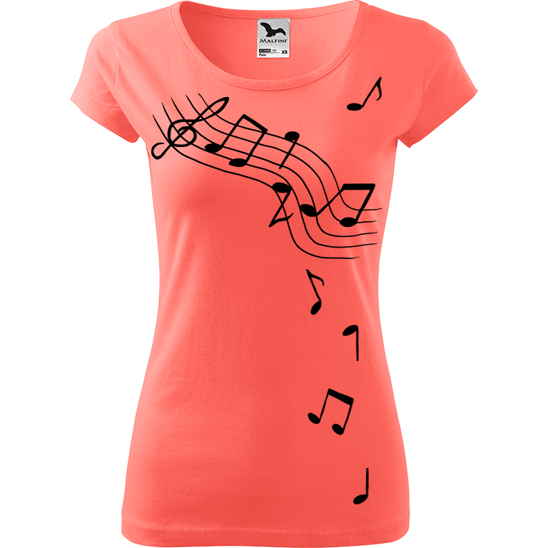 Ručně malované dámské bavlněné tričko - Noty Barva trička: KORÁLOVÁ, Velikost trička: XL, Barva motivu: ČERNÁ