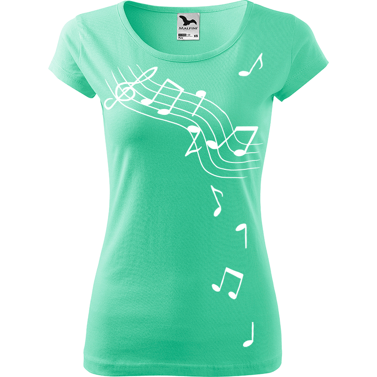 Ručně malované dámské bavlněné tričko - Noty Barva trička: MÁTOVÁ, Velikost trička: M, Barva motivu: BÍLÁ