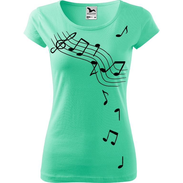 Ručně malované dámské bavlněné tričko - Noty Barva trička: MÁTOVÁ, Velikost trička: XS, Barva motivu: ČERNÁ