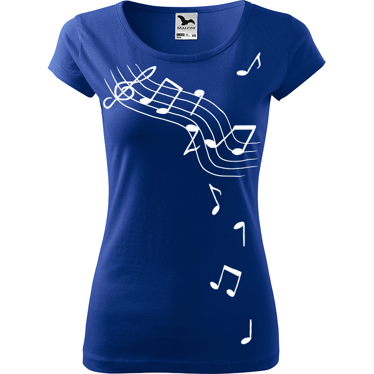 Ručně malované dámské bavlněné tričko - Noty Barva trička: MODRÁ, Velikost trička: XS, Barva motivu: BÍLÁ