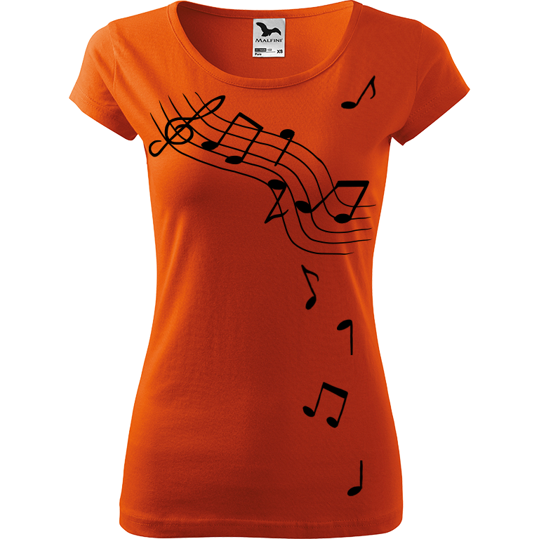 Ručně malované dámské bavlněné tričko - Noty Barva trička: ORANŽOVÁ, Velikost trička: XL, Barva motivu: ČERNÁ