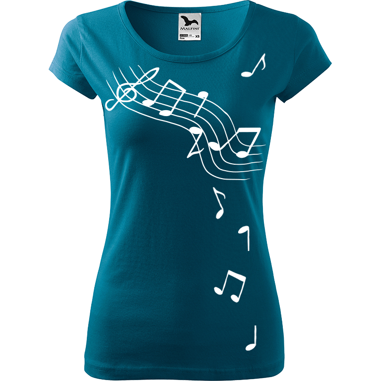 Ručně malované dámské bavlněné tričko - Noty Barva trička: PETROLEJOVÁ, Velikost trička: XS, Barva motivu: BÍLÁ