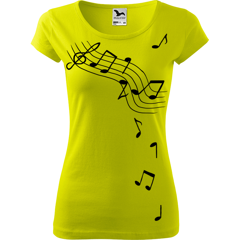 Ručně malované dámské bavlněné tričko - Noty Barva trička: LIMETKOVÁ, Velikost trička: L, Barva motivu: ČERNÁ