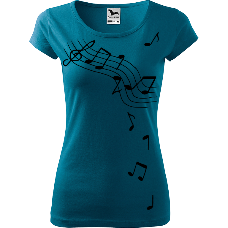 Ručně malované dámské bavlněné tričko - Noty Barva trička: PETROLEJOVÁ, Velikost trička: S, Barva motivu: ČERNÁ