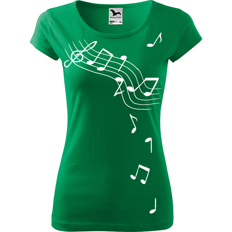 Ručně malované dámské bavlněné tričko - Noty Barva trička: STŘEDNĚ ZELENÁ, Velikost trička: XL, Barva motivu: BÍLÁ
