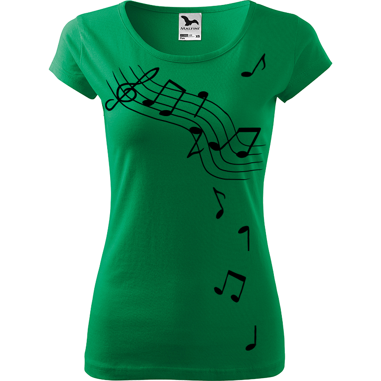Ručně malované dámské bavlněné tričko - Noty Barva trička: STŘEDNĚ ZELENÁ, Velikost trička: XS, Barva motivu: ČERNÁ