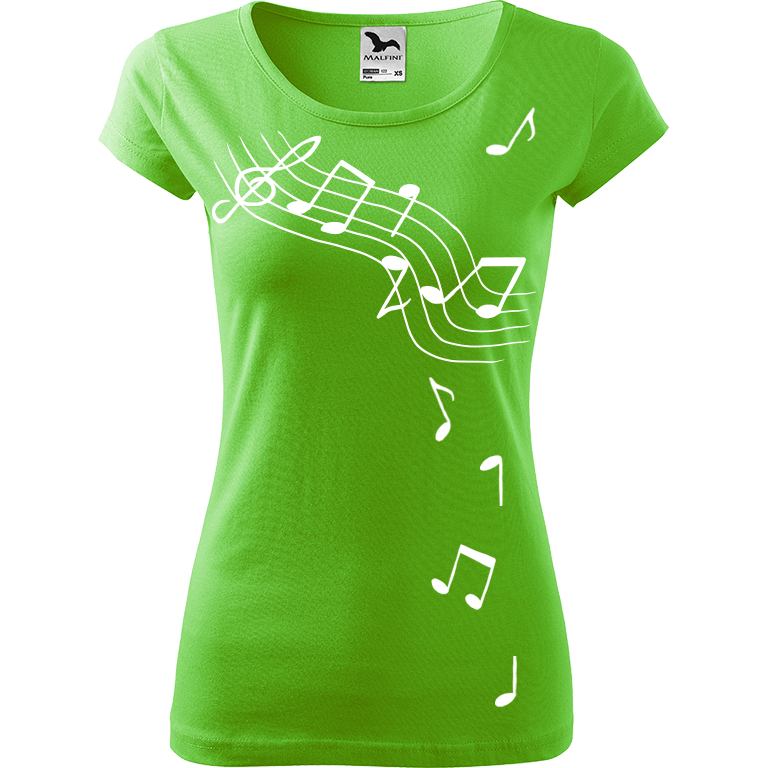 Ručně malované dámské bavlněné tričko - Noty Barva trička: SVĚTLE ZELENÁ, Velikost trička: XS, Barva motivu: BÍLÁ