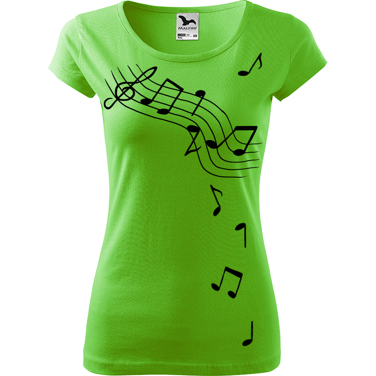 Ručně malované dámské bavlněné tričko - Noty Barva trička: SVĚTLE ZELENÁ, Velikost trička: M, Barva motivu: ČERNÁ