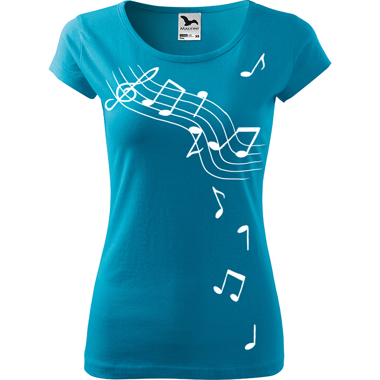 Ručně malované dámské bavlněné tričko - Noty Barva trička: TYRKYSOVÁ, Velikost trička: M, Barva motivu: BÍLÁ
