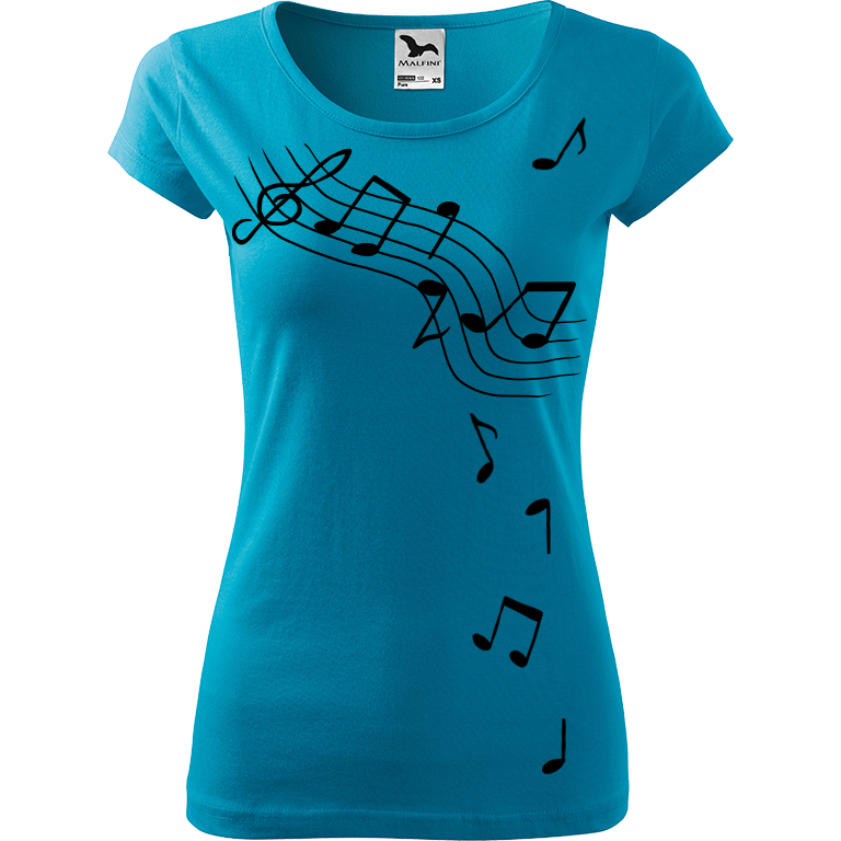 Ručně malované dámské bavlněné tričko - Noty Barva trička: TYRKYSOVÁ, Velikost trička: S, Barva motivu: ČERNÁ
