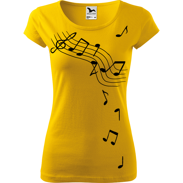 Ručně malované dámské bavlněné tričko - Noty Barva trička: ŽLUTÁ, Velikost trička: L, Barva motivu: ČERNÁ