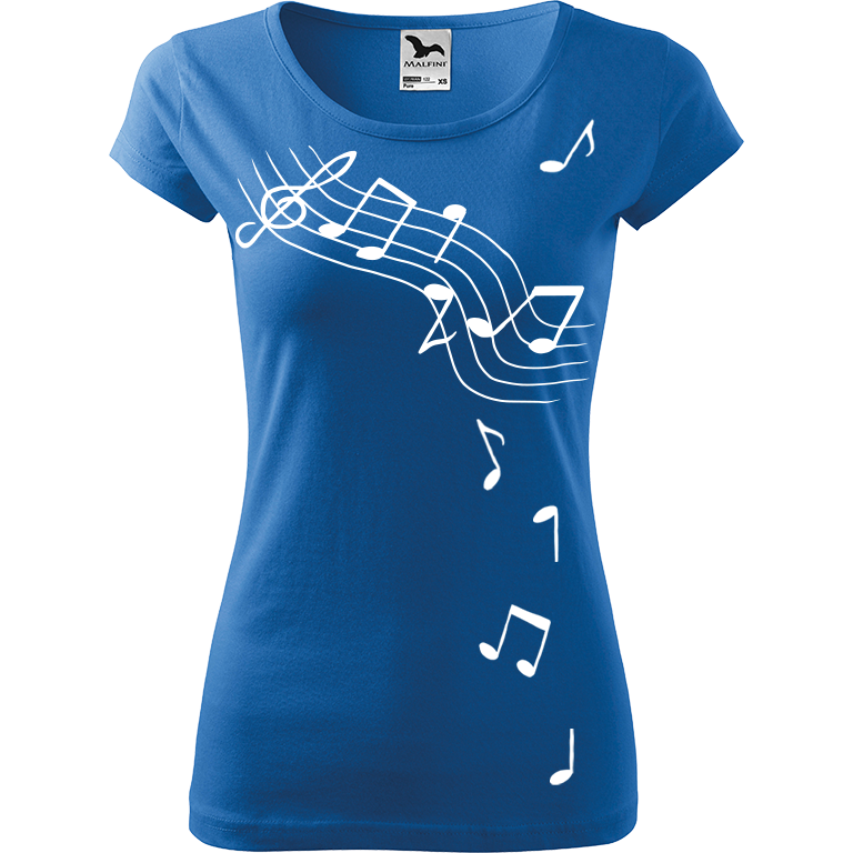 Ručně malované dámské bavlněné tričko - Noty Barva trička: AZUROVÁ, Velikost trička: XXL, Barva motivu: BÍLÁ