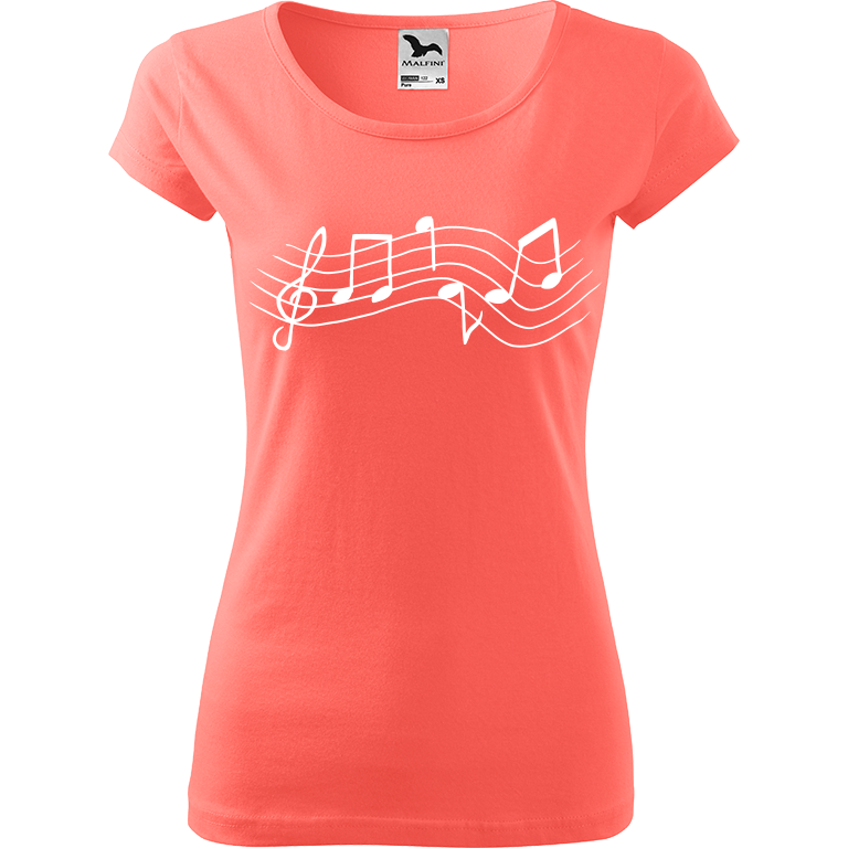 Ručně malované dámské bavlněné tričko - Noty - Rovné Barva trička: KORÁLOVÁ, Velikost trička: XS, Barva motivu: BÍLÁ