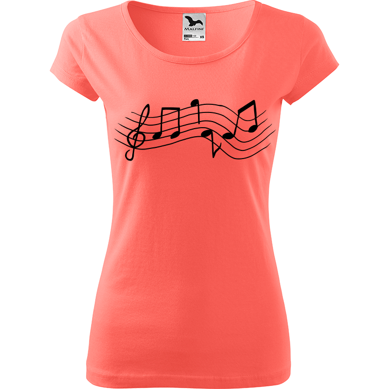 Ručně malované dámské bavlněné tričko - Noty - Rovné Barva trička: KORÁLOVÁ, Velikost trička: XL, Barva motivu: ČERNÁ