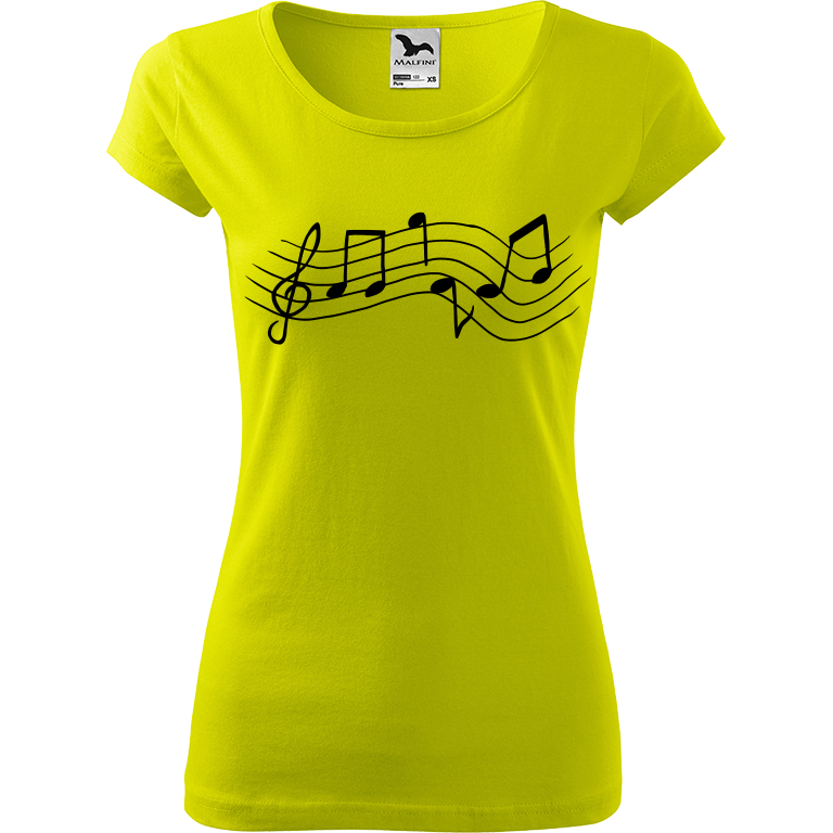 Ručně malované dámské bavlněné tričko - Noty - Rovné Barva trička: LIMETKOVÁ, Velikost trička: L, Barva motivu: ČERNÁ