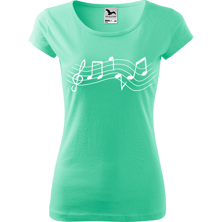 Ručně malované dámské bavlněné tričko - Noty - Rovné Barva trička: MÁTOVÁ, Velikost trička: XL, Barva motivu: BÍLÁ