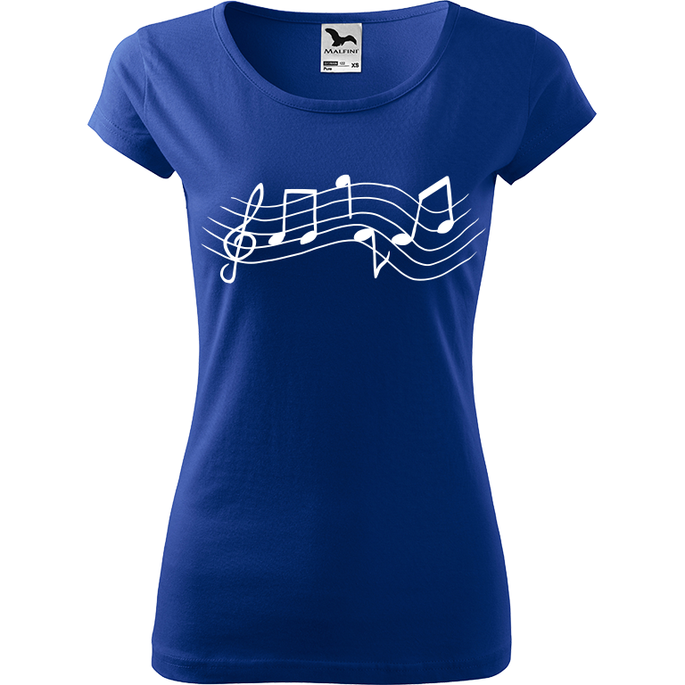Ručně malované dámské bavlněné tričko - Noty - Rovné Barva trička: MODRÁ, Velikost trička: S, Barva motivu: BÍLÁ