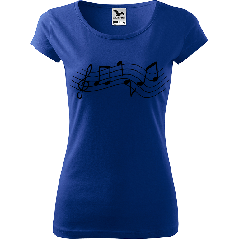 Ručně malované dámské bavlněné tričko - Noty - Rovné Barva trička: MODRÁ, Velikost trička: XL, Barva motivu: ČERNÁ