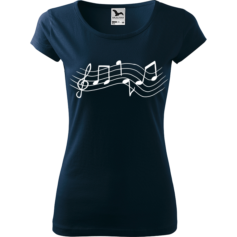 Ručně malované dámské bavlněné tričko - Noty - Rovné Barva trička: NÁMOŘNICKÁ MODRÁ, Velikost trička: XL, Barva motivu: BÍLÁ